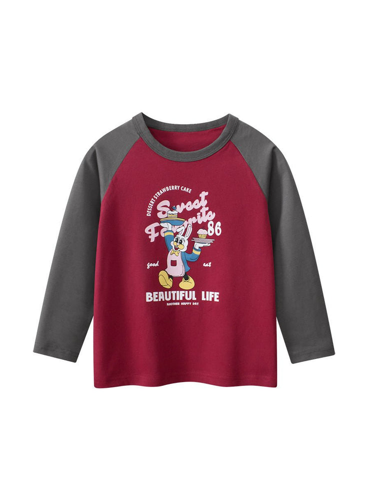 Autumn Arrival Kids Girls Cartoon Print Crew Neck Long Sleeves Color Patchwork Shirt - Freeyouthzbandz