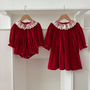 Arrival Autumn Baby Kids Girls Patchwork Lace Trim Collar Long Sleeves Onesies and Dress – Princess Sister Matching Set - Freeyouthzbandz