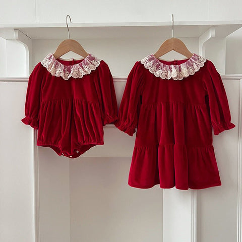 Arrival Autumn Baby Kids Girls Patchwork Lace Trim Collar Long Sleeves Onesies and Dress – Princess Sister Matching Set - Freeyouthzbandz