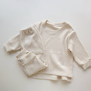 Spring and Autumn Kids Unisex Casual Solid Color Long Sleeves Striped Top and Pants Knitted Clothing Set - Freeyouthzbandz