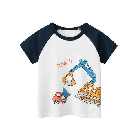 Boys’ Cartoon Excavator And Truck Print T-Shirt In European And American Style - Freeyouthzbandz