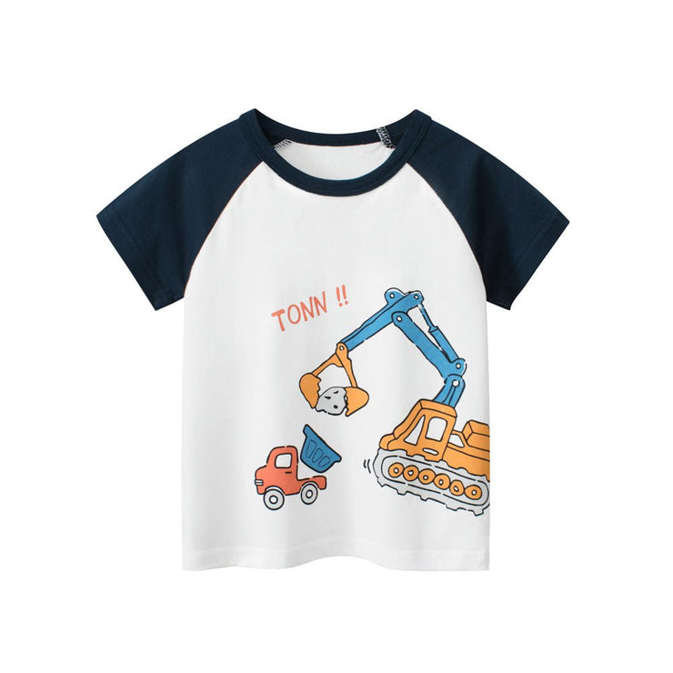Boys’ Cartoon Excavator And Truck Print T-Shirt In European And American Style - Freeyouthzbandz