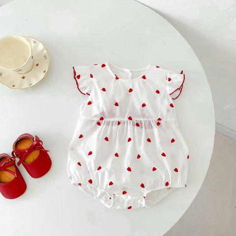 Summer Baby Girls Red Heart Print Fly Sleeves Crew Neck Onesies - Freeyouthzbandz