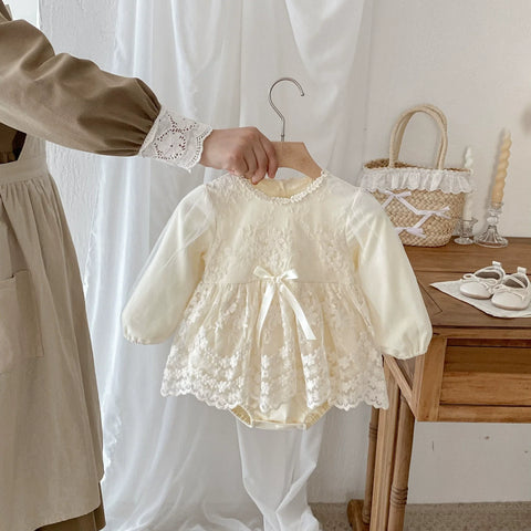 Autumn Arrival Baby Girls Long Sleeves Flowers Pattern Tulle Patchwork Onesies - Freeyouthzbandz