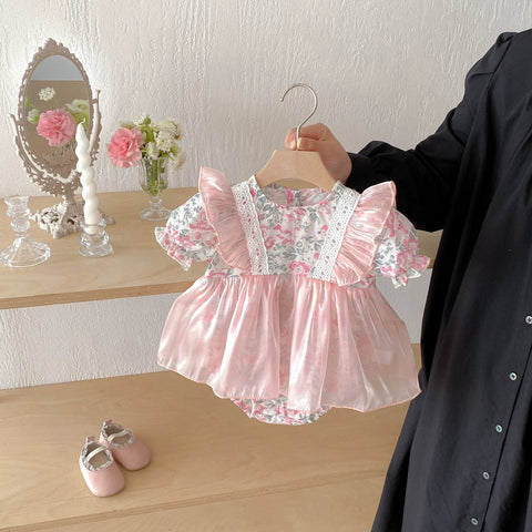 Summer Arrival Baby Girls Color Patchwork Floral Short Sleeves Tulle Onesies Dress - Freeyouthzbandz