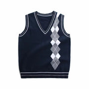 Boy And Girl Rhombus Pattern V-Neck College Style Sleeveless Vest Sweater