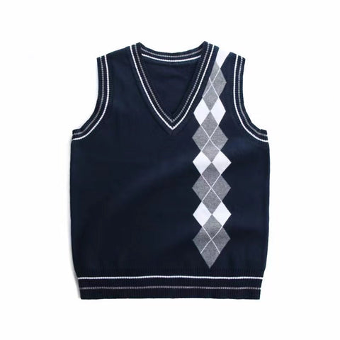 Boy And Girl Rhombus Pattern V-Neck College Style Sleeveless Vest Sweater
