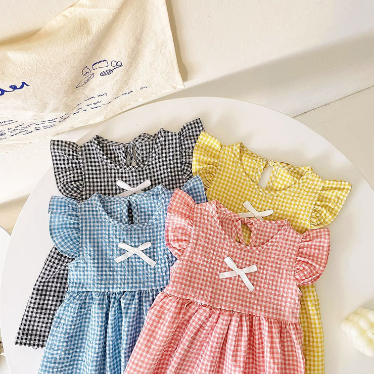 Arrival Summer Baby Girls Plaid Fly Sleeves Dress With Bow - Freeyouthzbandz