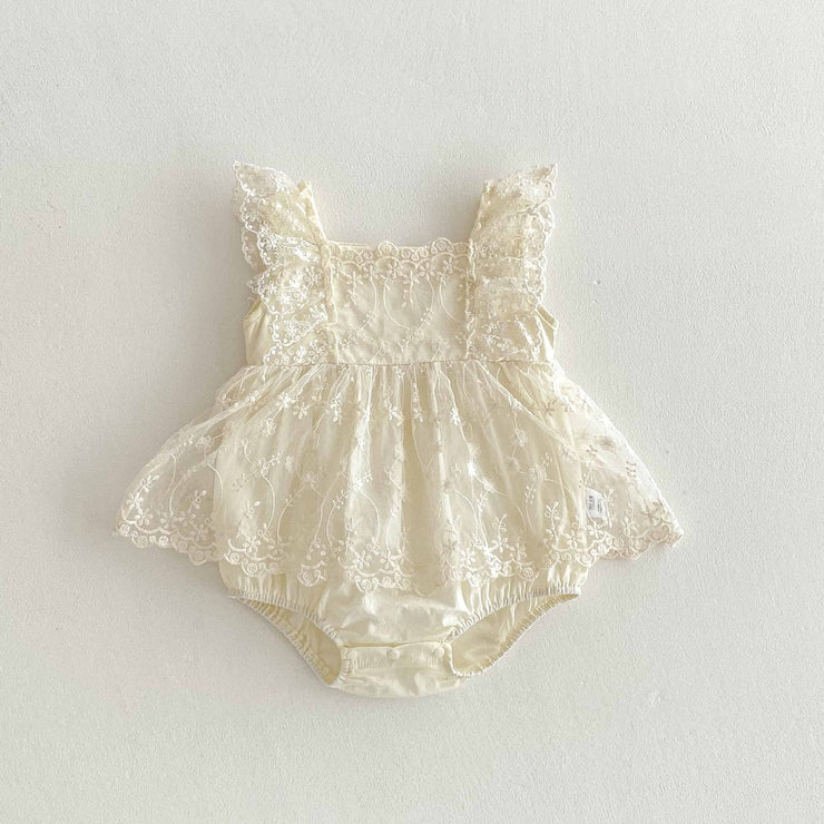 Summer Arrival Baby Girls Cute Beige Sleeveless Flowers Pattern Lace Onesies - Freeyouthzbandz