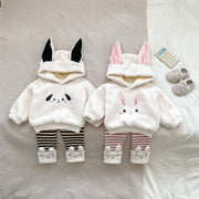 Winter Hot Selling Baby Unisex Long Sleeves Simple Rabbit Design Hooded Top Pullover and Striped Trousers Set - Freeyouthzbandz