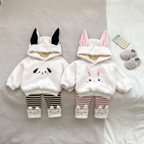 Winter Hot Selling Baby Unisex Long Sleeves Simple Rabbit Design Hooded Top Pullover and Striped Trousers Set - Freeyouthzbandz