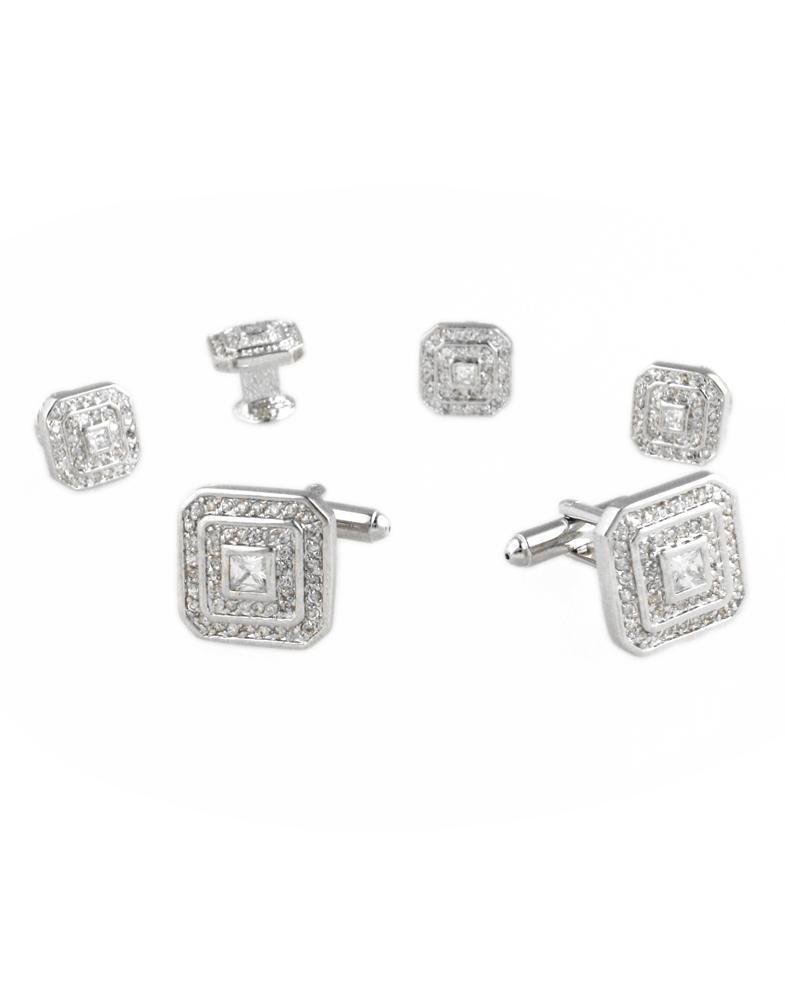 Square CZ with Silver Trim Studs and Cufflinks Set - Freeyouthzbandz