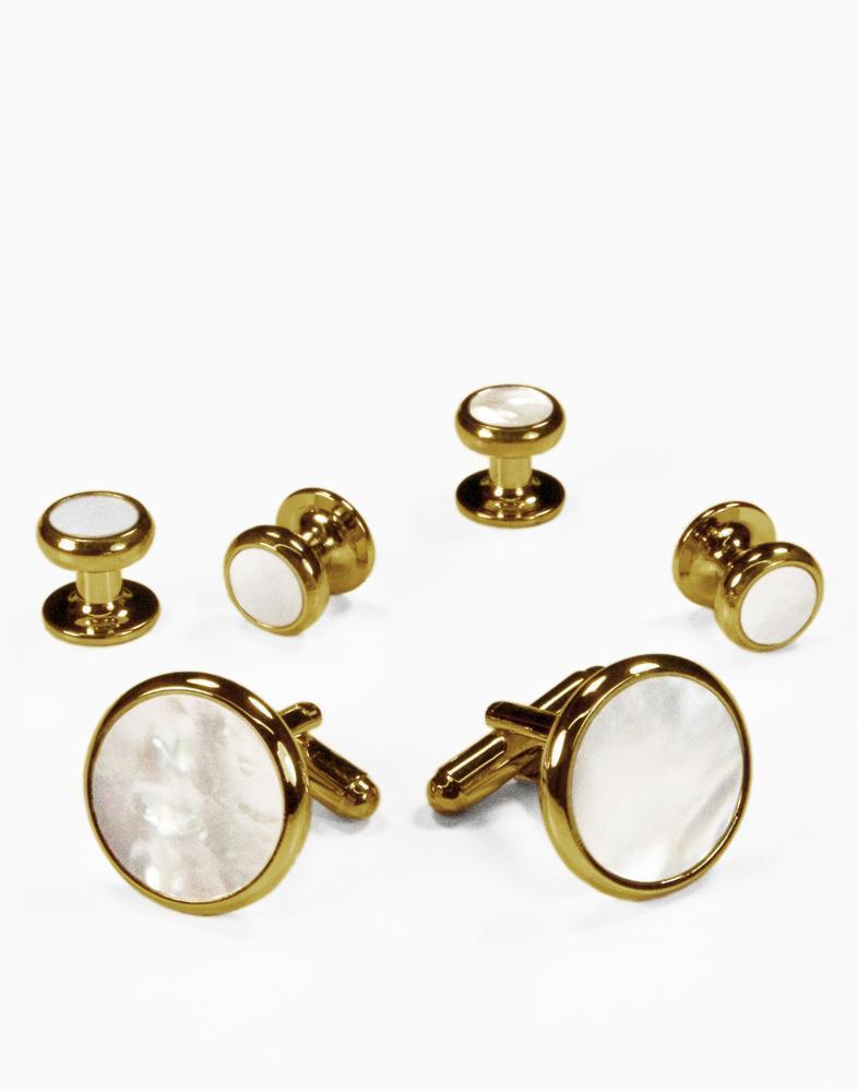 White Mother of Pearl in Gold or Silver Setting Studs & Cufflinks Set - Freeyouthzbandz